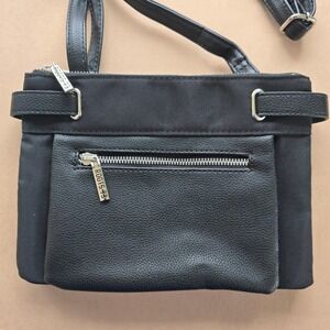 Roots 73 Black Faux Leather Nylon Crossbody Bag Adjustable Strap Zipper Pockets